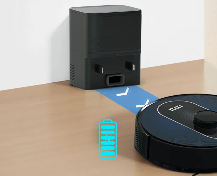 WRYDAO S6 Pro robot vacuum returning to its self-emptying station on a wood floor
